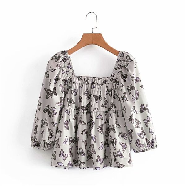 

women's knits & tees chic lady vintage sqaure collar short puff sleeve hm blouse women fashion spring 2021 loose t, White