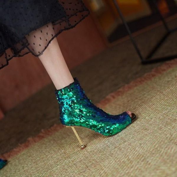 

boots 2021 net red high heel fish mouth female sequin fairy wind roman, Black