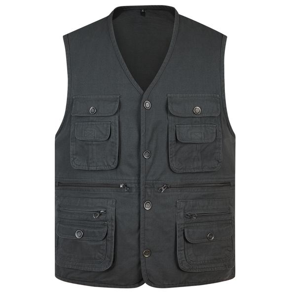 

2021 new classic summer men vest cotton button multi pocket 3 colors sleeveless jacket with many pockets solid big size travel waistcoat 9qv, Black;white