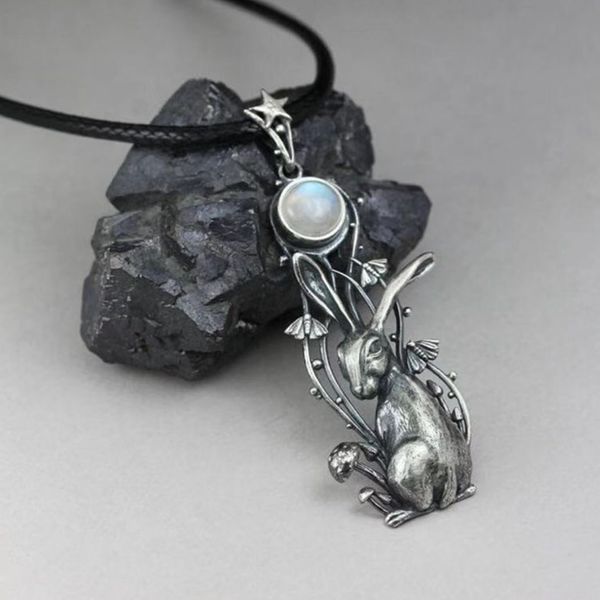 

10 pcs classic style rabbit and lotus flower necklace with moon stone bead pendant silver plated jewelry
