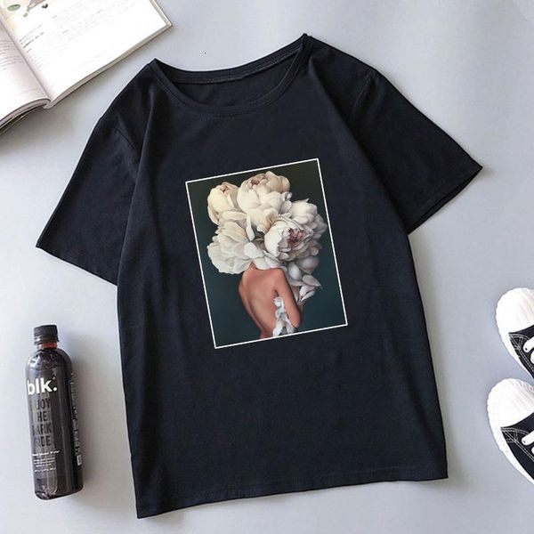 

new women tshirt harajuku aesthetics flowers feather print round neck short sleeve & tees fashion casual couple tshirt, White