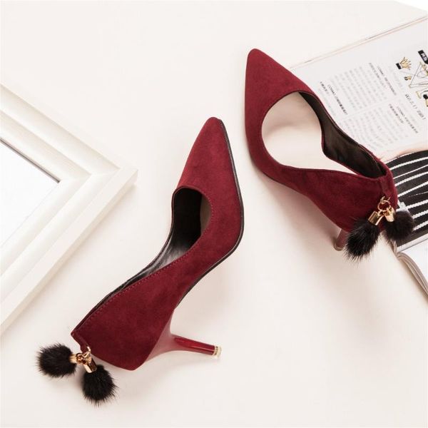 

dress shoes teahoo fur pompom women pumps faux suede high heels woman 7.5 cm stiletto for wedding/party/dress, Black