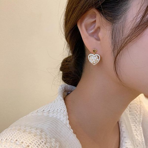 

korean style cute small rhinestone heart pendant earrings for women vintage fashion exquisite pearl earrings party jewelry, Silver