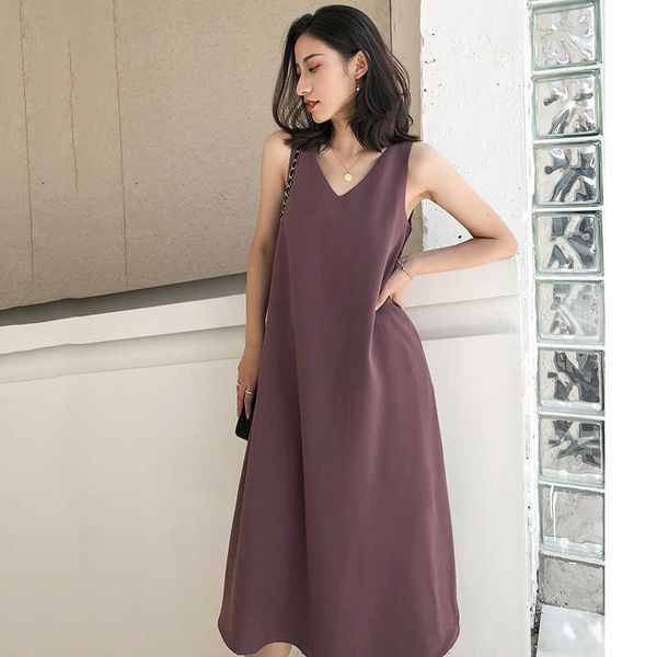 Mulheres moda vintage vestido verão elegante escritório senhoras sem mangas sólida roxo uma linha vestidos vestidos 210608