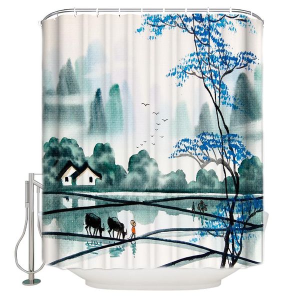 

shower curtains chinese landscape painting curtain bathroom decor fabric farmhouse