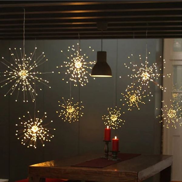Hängende Starburst-Lichterkette, DIY-Feuerwerk, Kupfer-Feen-Girlande, funkelnde Lichter für den Außenbereich