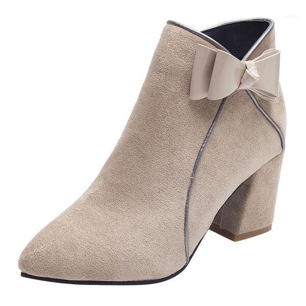 

boots sagace spring women shoes bowknot leather zipper square heel ankle for round toe short 202111, Black