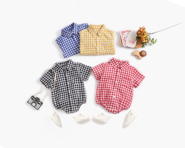 

new 2021 summer newborn infant baby rompers boys girls checked bodysuit turndown collar kids short sleeve shirt children 3xac, Blue