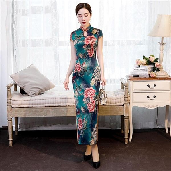 

ethnic clothing chinese dress women elegant full length qipao vestidos floral print party dresses split cheongsam, Red