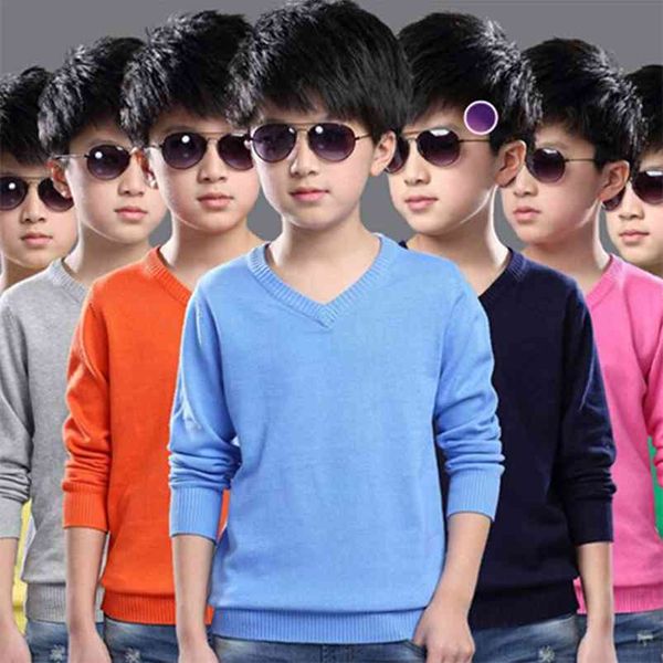 Moda Erkek Kazak Örme Desen Bahar Çocuk Kazaklar Pamuk Çocuk Giyim Kıyafetleri Saf Renk 4-16Y 210622