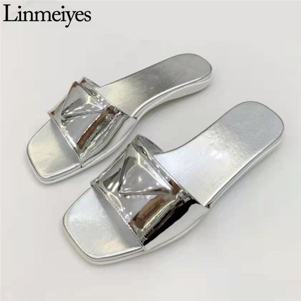 

candy color slides genuine leather triangle flat mules shoes designer comfy sandals lady summer casual slippers women, Black
