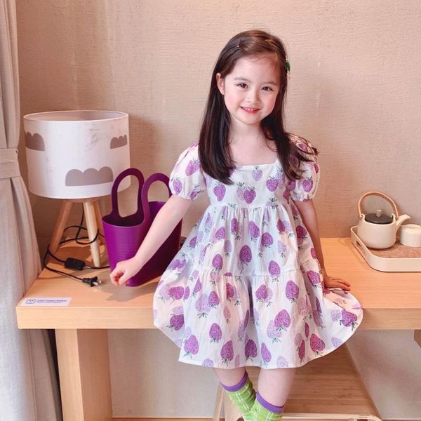 

girl's dresses children kids girls loose casual dress strawberry print short sleeve square collar toddler summer baby clothing 1-7t, Red;yellow