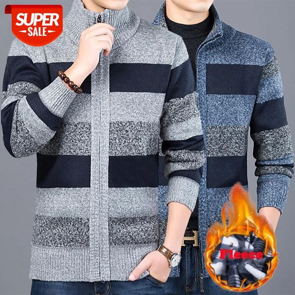 

autumn winter thick cardigan sweater for mens stand collar stripe splicing knitwear sweatercoat male slim fit causal pull homme #nk6c, White;black