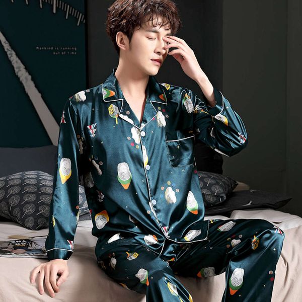 

pajamas men's spring and autumn thin long sleeve ice silk student korean cardigan two piece home suitwinter, Black;brown
