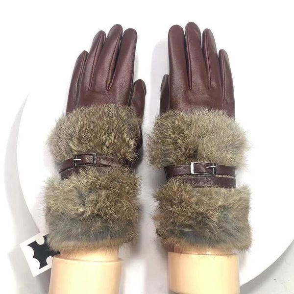 

five fingers gloves high-end fashion ladies sheepskin touch screen plush brand winter warm driving leather, Blue;gray