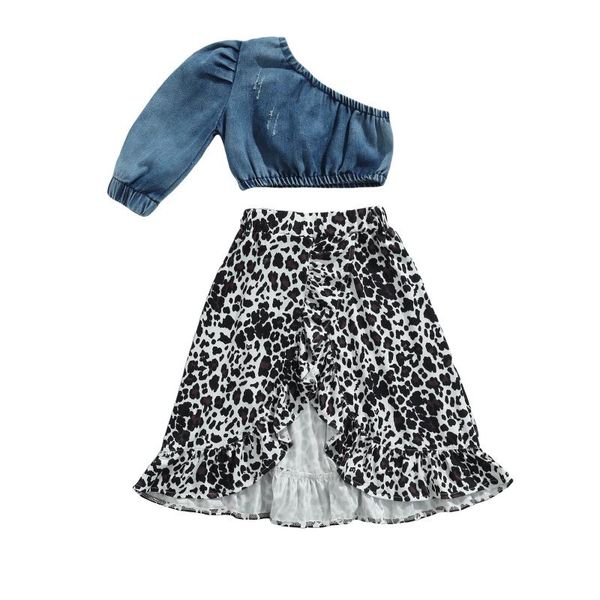 

clothing sets fashion children girls one shoulder long sleeve denim crop leopard ruffles skirt 2pcs set, White
