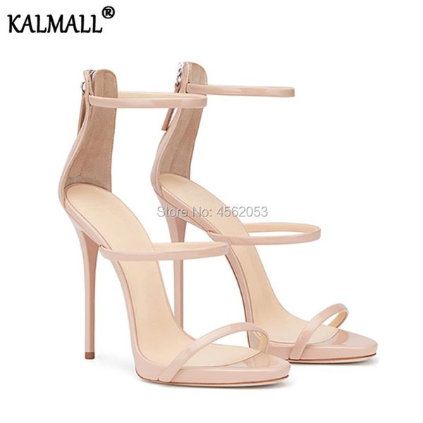 

dress shoes kalmall black nude silver three narrow straps gladiator sandalia feminina back zip 11cm stiletto high heels sandals women