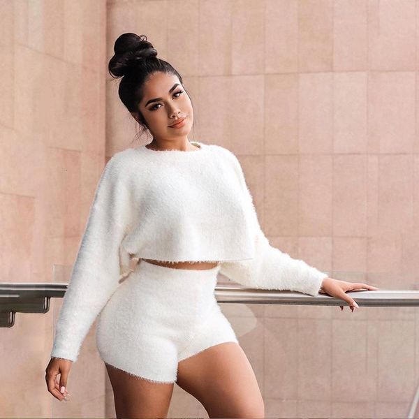 

women soft fluffy 2 piece set o neck long sleeve crop high waist skinny shorts autumn winter casual matching outfits set, Gray