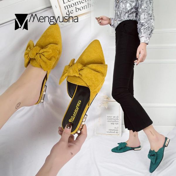 

slippers close toe mules shoes woman autumn outside big butterfly-knot shallow lazy casual slip on flip flops trendy pearl rivets low heels, Black