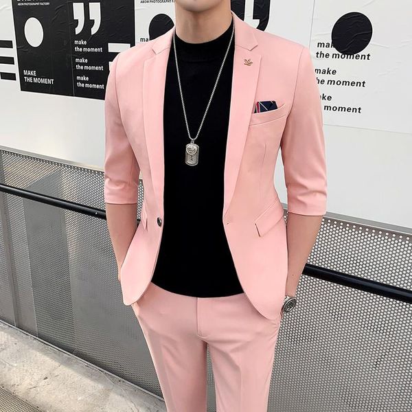 

men's suits & blazers 2 pcs set men half sleeve spring summer slim british short blazer coat trend male designer tuxedo jackt+pant s-3x, White;black