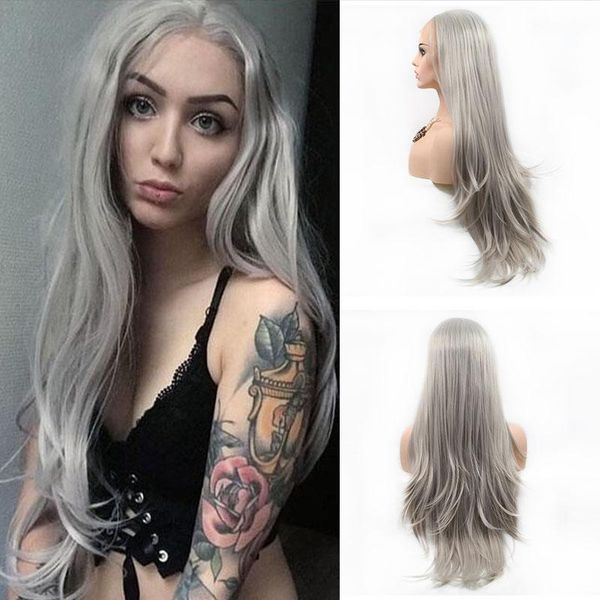 

synthetic wigs grey lace frontal for black women humans hair lifelike natural wter wave grise cosplay perruque heat resistant