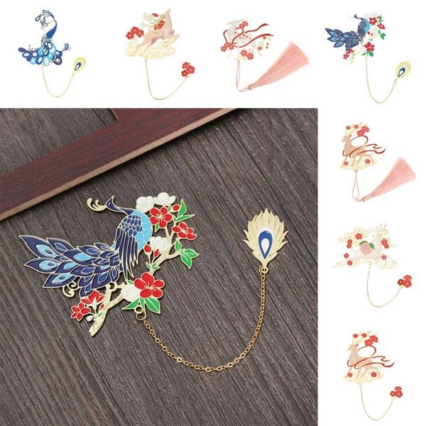 

bookmark 2021 classic peacock deer colorful painted brass tasseled hollowed book clip pagination mark school office stationery