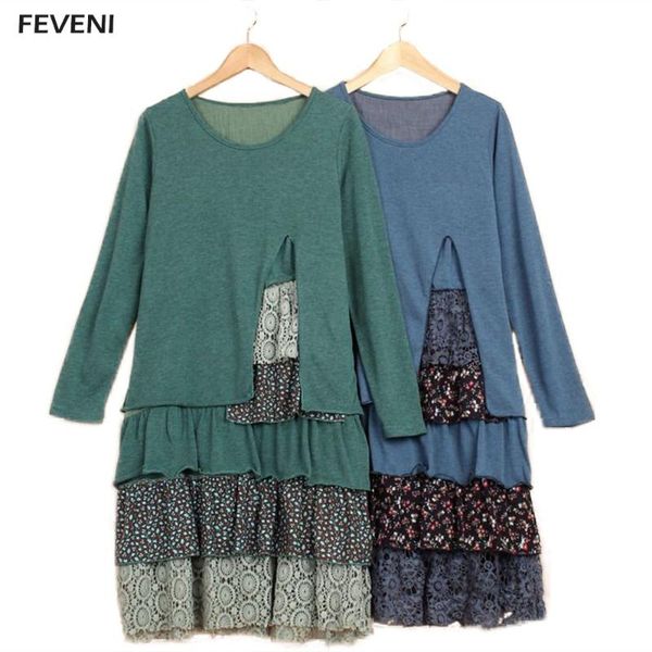 

casual dresses women cascading ruffles petticoat cotton splicing lace o neck retro floral long sleeve mori girl split dress y03587, Black;gray