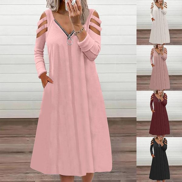 

casual dresses autumn v-neck long dress solid color long-sleeved fashion loose plus size ladies, Black;gray
