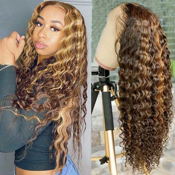 

lace wigs 30 inch highlight deep wave wig transparent frontal ombre curly front human hair t part, Black;brown
