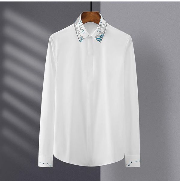 Camicia ricamata in stile cinese con mare blu e stelle Design del marchio Camicie casual slim eleganti a maniche lunghe