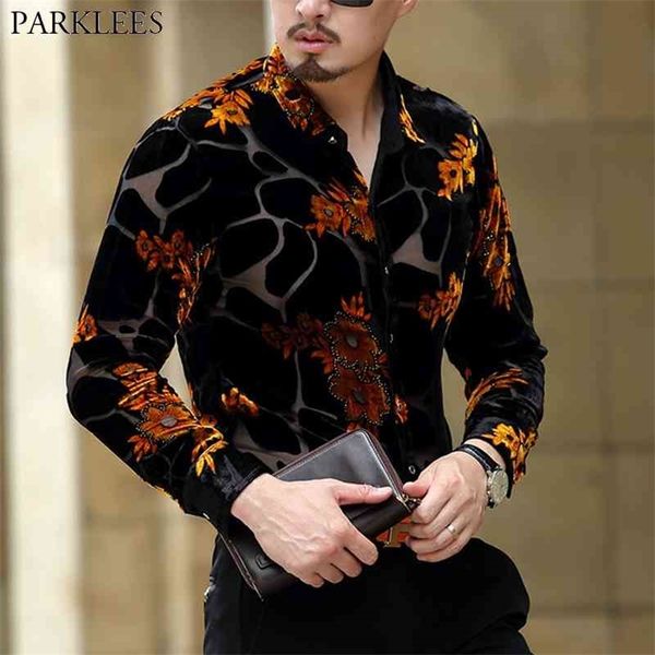 

gold floral embroidery men lace shirt luxury brand mens dress shirt transparent male shirt camisa social 210708, White;black