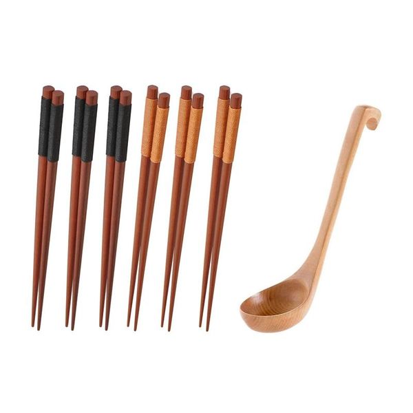

chopsticks 6 pairs wood chopsticks, reusable chinese korean japanese chop sticks & 1x natural spoon classic wooden soup-ladle