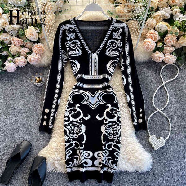 

hangcode ins fashion cashew flower knitted women dress 2020 elegant v neck slim waist bodycon dress black ladies office dress g1214, Black;gray
