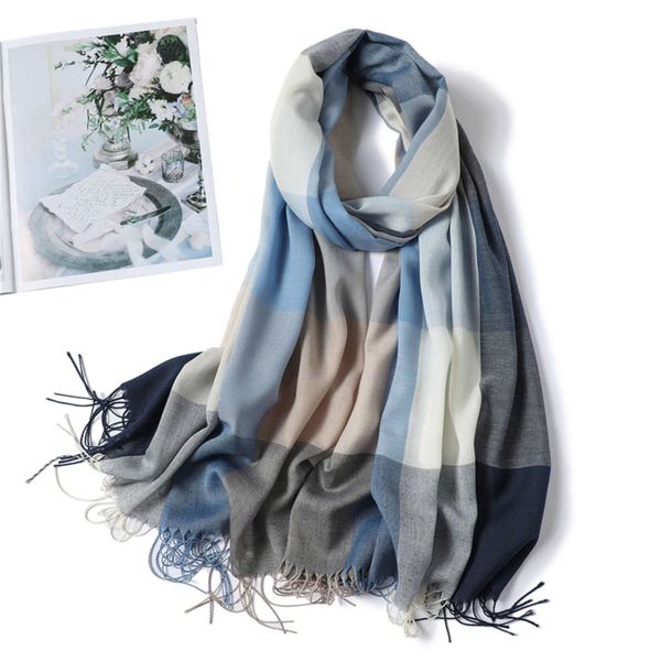 

winter scarf plaid long shawl fashion headband wraps women scarves bandana hijab tassels female foulard cotton feeling stoles, Blue;gray