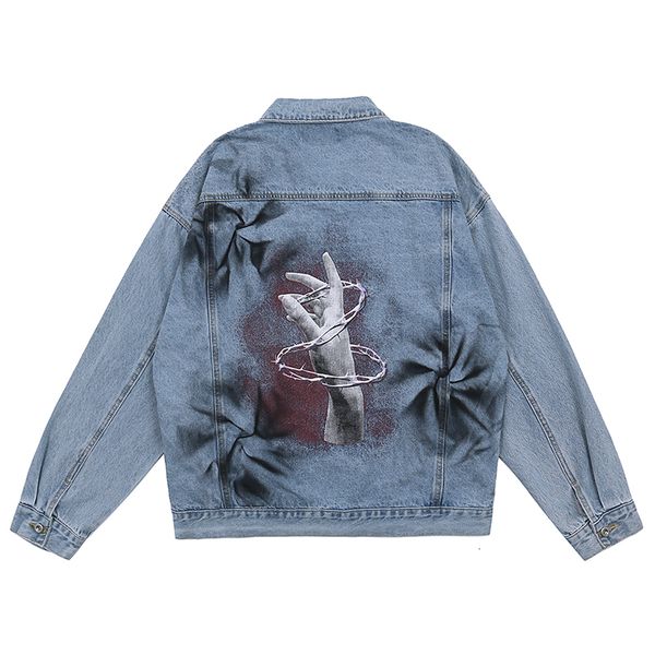 

2021 new mo impresso graffiti calas de brim dos homens jaqueta streetwear lapela oversize lavado retro denim casaco harajuku baggy casual to, Black;brown