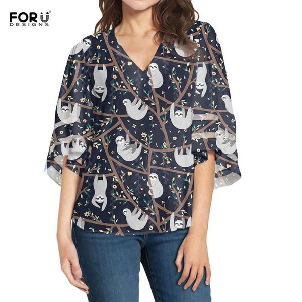 

women's blouses & shirts forudesigns women chiffon cartoon sloth printing deep v-neck flared sleeves girls blouse mesh patchwork looses, White
