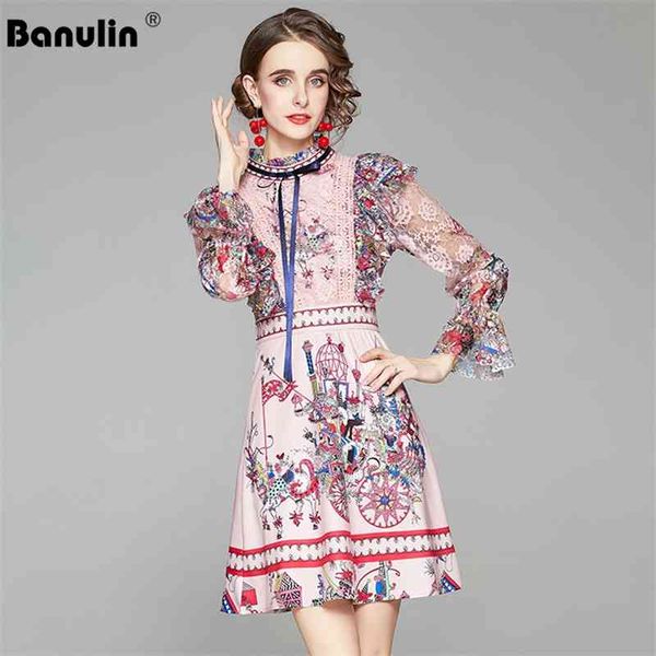 

banulin runway spring dress women bow tie long sleeve ruffles embroidery lace patchwork floral print vintage mini vestidos 210603, Black;gray