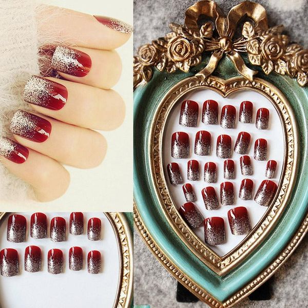 

false nails 24pcs high-gloss shiny red wine silver french nail tips full cover uv gel fake art fre-drop, Red;gold