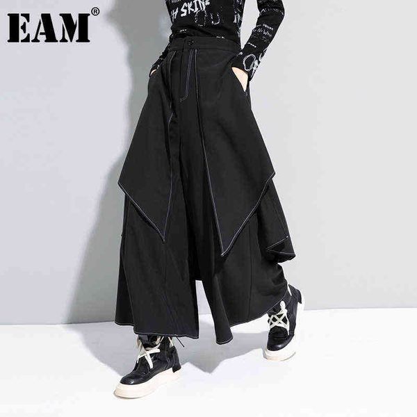 

[eam] high waist black linen split joint long wide leg trousers loose fit pant fashion spring autumn 1da613 211124, Black;white