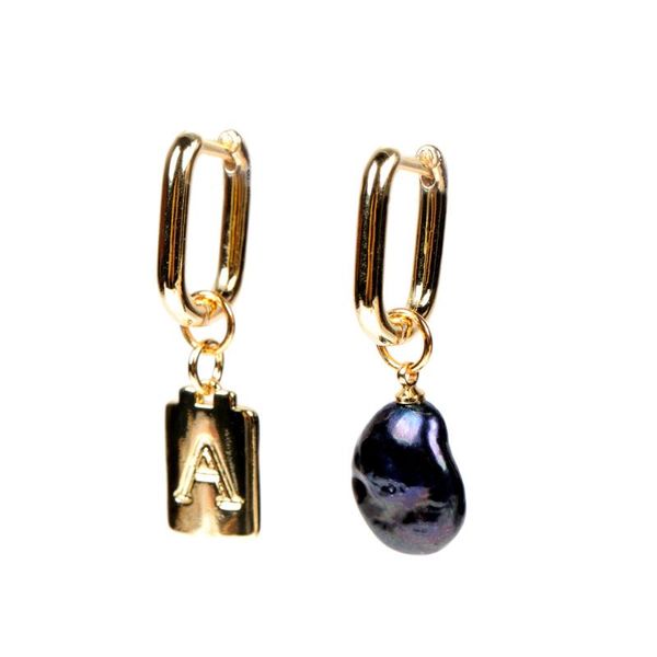 

hoop & huggie eyika fashion gold color 26 letter padlock pearl pendant earrings square glossy asymmetric loop earring charm women jewelry, Golden;silver