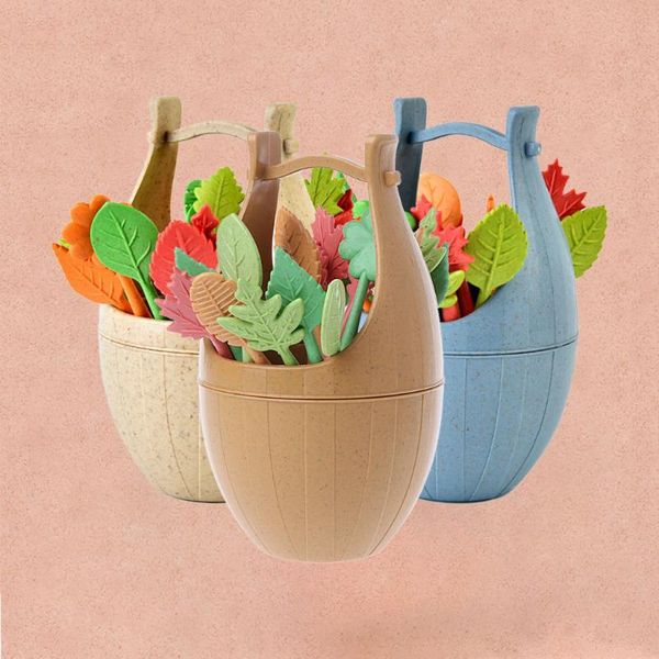 

forks 16pcs nordic style wheat straw barrel leaves fruit fork lunch cake dessert picks skewers sandwich toothpick wedding party decor