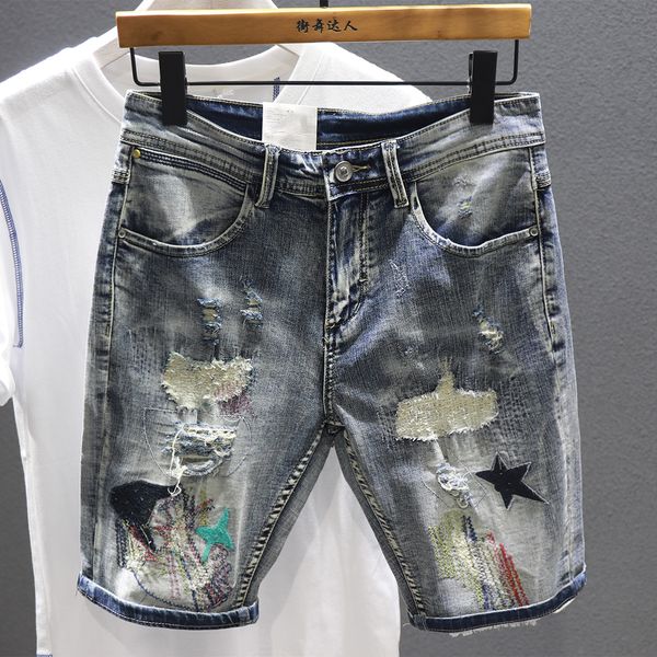 Mode 2021 Stickerei Loch Denim Shorts Männlichen Koreanischen Kurzen Hosen Student Retro Nostalgischen Lässige Reithose Ripped Loch Shorts