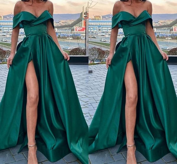 

elegant off the shoulder emerald green satin long evening dresses with leg slit v-neck floor length arabic prom party gowns robe de soiree, Black;red