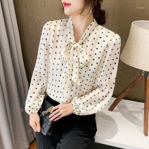 

women's blouses & shirts coigarsam vintage full sleeve shirt womens spring chiffon loose polka dot bow belt women wave point 9664, White