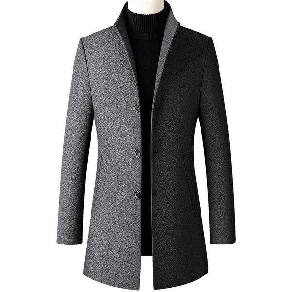 

2021 new winter men thick stand collar coat male fashion wool blend outwear jacket smart casual trench plus size mens overcoat k7ki, Black
