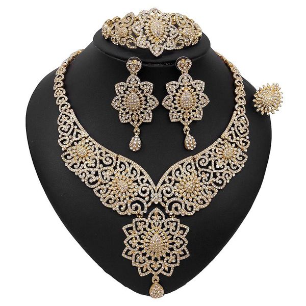 

earrings & necklace yulaili luxury vintage full crystal pendant earring charm bracelet ring dubai gold jewelry sets wholesale, Silver