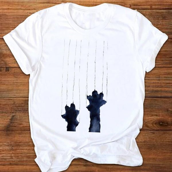 

women graphic watercolor cat paw printing cartoon 90s fashion style print clothes lady tees female t shirt womens t-shirt, White