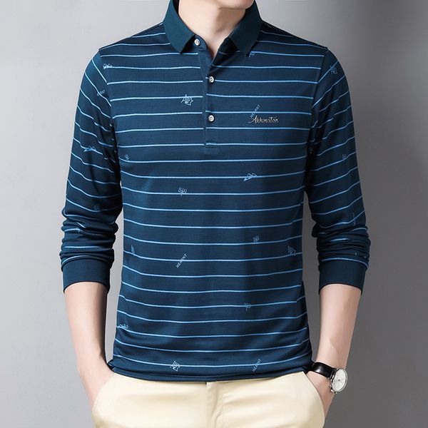 

2021 autumn new stripe printing men's long sleeve business casual lapel brand polo shirt male ser9, White;black