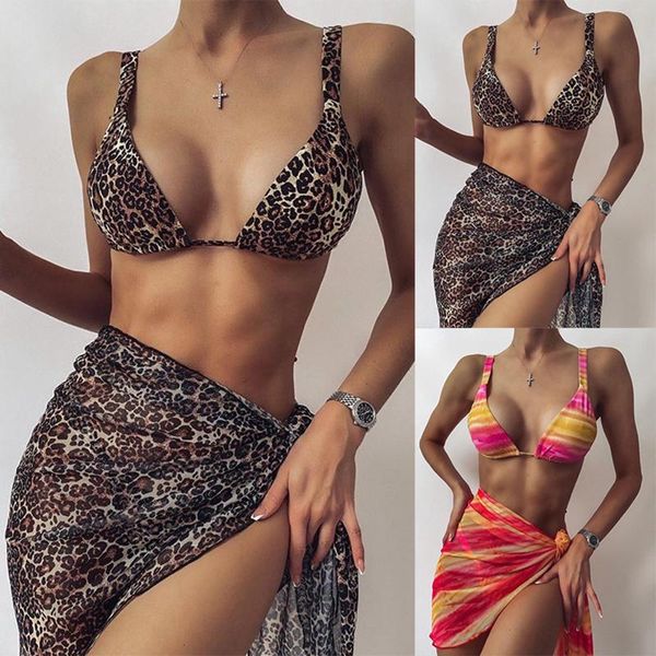 

one-piece suits women's fashion printed 3pcs bikini set split style sling with thong briefs + beach cover up for vacations