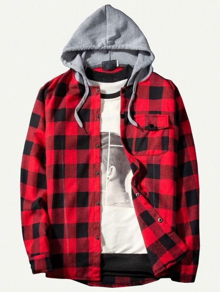 

men buffalo plaid hooded shirt 05ed#, White;black